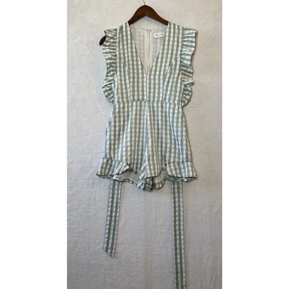 Lovers + Friends Women's Romper Size XS Coquette Green White Gingham Ruffles - Picture 4 of 12